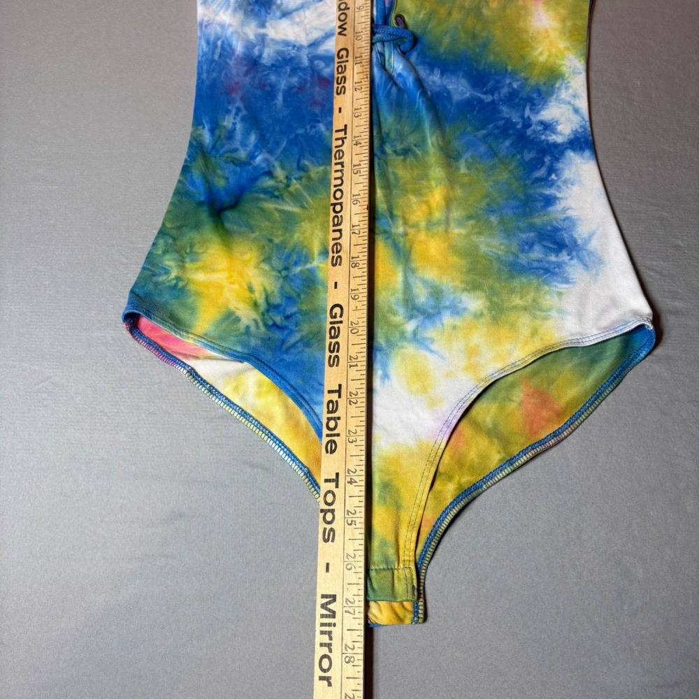 LA Gypsy Womens Tie Dye Lace Up Front Bodysuit Blue Yellow Pink Size Medium - Picture 6 of 7